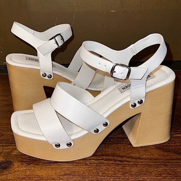 Steve Madden Shoes - Steve Madden Gladiator White Strap Tan Platform Clog Heel Sandals Size 10